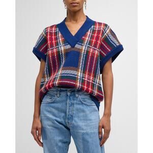 Madeintomboy Virgin Wool Gilette Plaid Sweater Vest Sleeveless V-Neck Size M